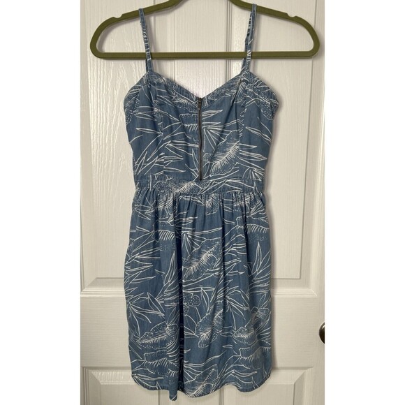 Vans Skater Sundress XS Denim Blue Chambray Tropical Leaf Print Zip Front - Picture 1 of 12